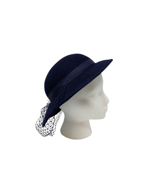 Vintage Navy Blue Doeskin Felt Wool Hat Veil Accent Geo W Bollman Mid Century main image 5
